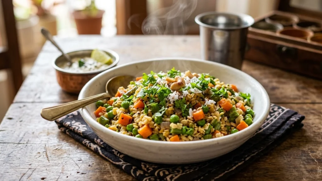 Savory oats upma with vegetables high-protein Indian breakfast