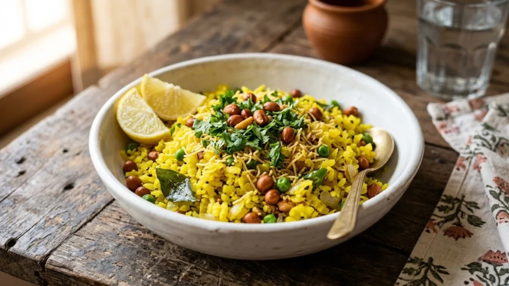 Poha with peanuts high-protein vegetarian Indian breakfast
