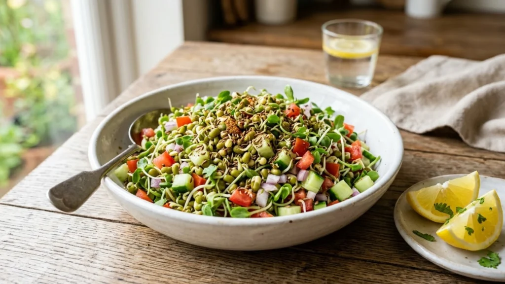 Healthy sprouts salad with vegetables high-protein Indian breakfast